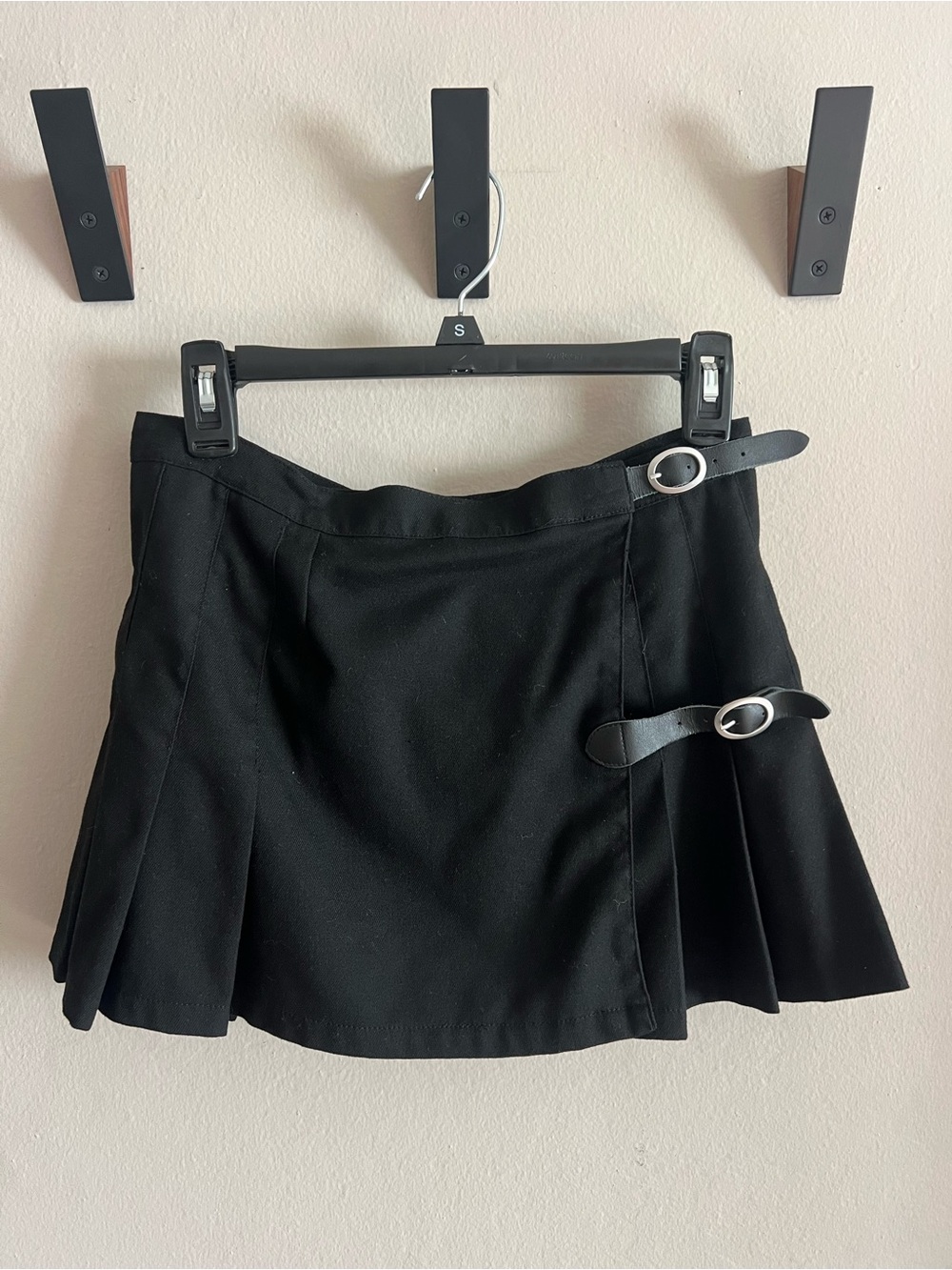 Brandy Melville Black Pleated Mini Skirt with Buckle Detail